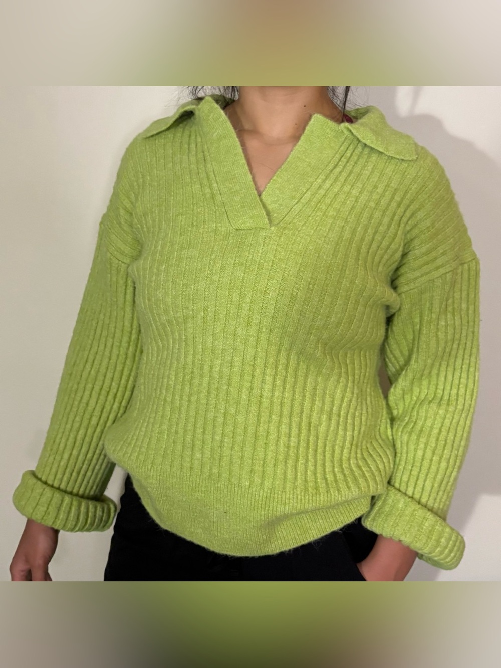 Zara Lime Green Ribbed V-Neck Sweater with Polo Collar - Picture 2 of 11
